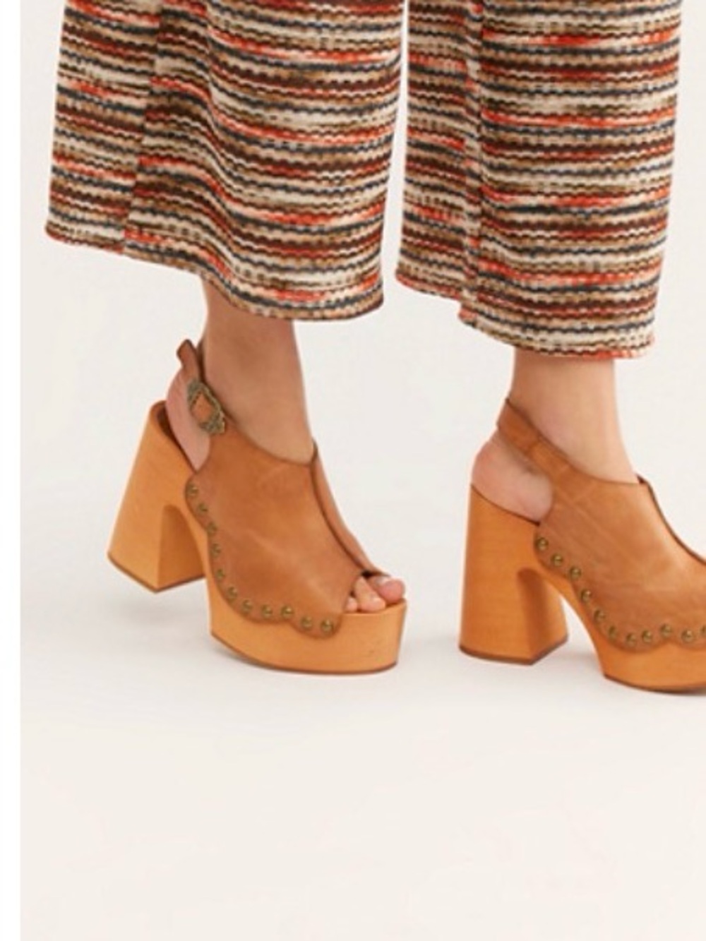 Free People Tan Platform Clog Heels - Leather Peep Toe Slingback